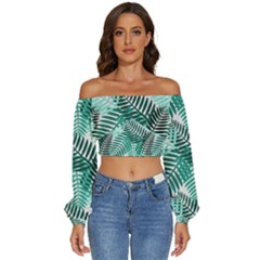 Background Pattern Texture Leaves Design Wallpaper Long Sleeve Crinkled Weave Crop Top