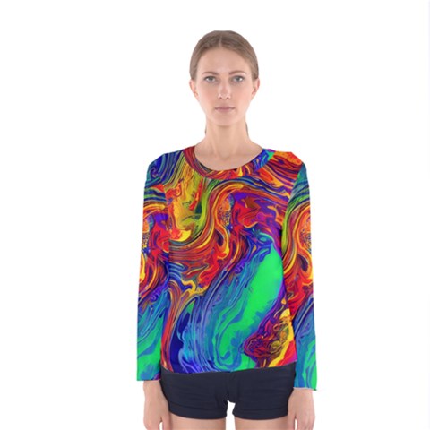 Waves Of Colorful Abstract Liquid Art Women s Long Sleeve Tee by GardenOfOphir