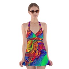 Waves Of Colorful Abstract Liquid Art Halter Dress Swimsuit  by GardenOfOphir