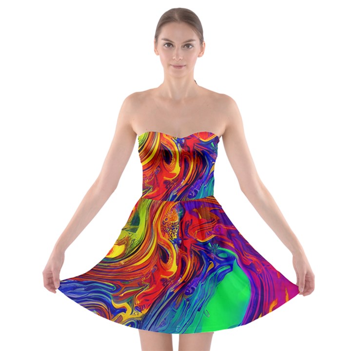 Waves Of Colorful Abstract Liquid Art Strapless Bra Top Dress