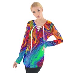 Waves Of Colorful Abstract Liquid Art Tie Up Tee by GardenOfOphir