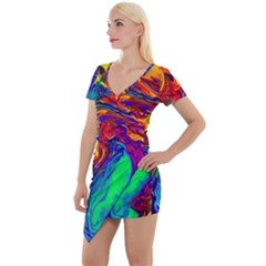 Waves Of Colorful Abstract Liquid Art Short Sleeve Asymmetric Mini Dress by GardenOfOphir