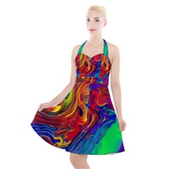 Waves Of Colorful Abstract Liquid Art Halter Party Swing Dress  by GardenOfOphir