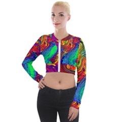 Waves Of Colorful Abstract Liquid Art Long Sleeve Cropped Velvet Jacket by GardenOfOphir