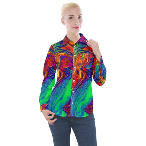 Waves Of Colorful Abstract Liquid Art Women s Long Sleeve Pocket Shirt by GardenOfOphir