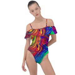 Waves Of Colorful Abstract Liquid Art Frill Detail One Piece Swimsuit by GardenOfOphir