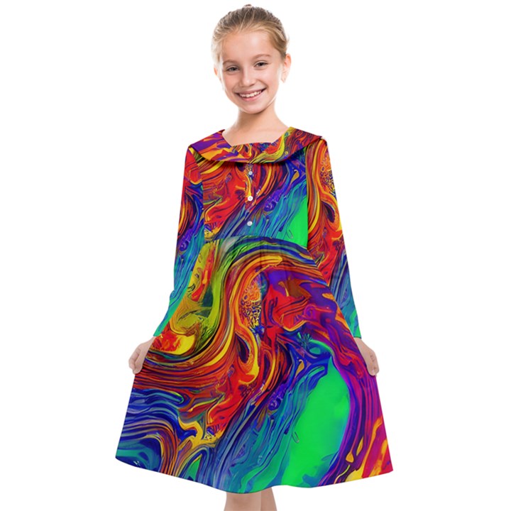 Waves Of Colorful Abstract Liquid Art Kids  Midi Sailor Dress