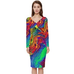 Waves Of Colorful Abstract Liquid Art Long Sleeve V-neck Bodycon Dress  by GardenOfOphir