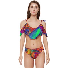 Waves Of Colorful Abstract Liquid Art Ruffle Edge Tie Up Bikini Set	 by GardenOfOphir