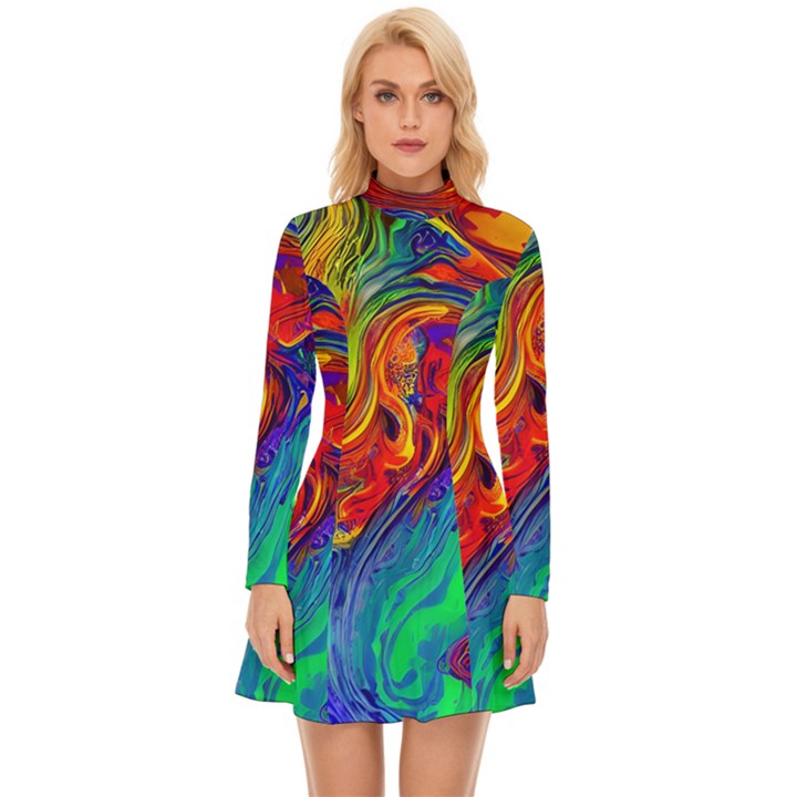 Waves Of Colorful Abstract Liquid Art Long Sleeve Velour Longline Dress