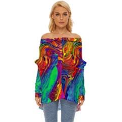 Waves Of Colorful Abstract Liquid Art Off Shoulder Chiffon Pocket Shirt by GardenOfOphir