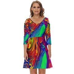 Waves Of Colorful Abstract Liquid Art Shoulder Cut Out Zip Up Dress by GardenOfOphir