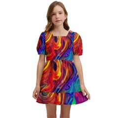 Waves Of Colorful Abstract Liquid Art Kids  Short Sleeve Dolly Dress by GardenOfOphir