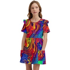 Waves Of Colorful Abstract Liquid Art Kids  Frilly Sleeves Pocket Dress by GardenOfOphir