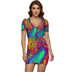 Waves Of Colorful Abstract Liquid Art Low Cut Cap Sleeve Mini Dress by GardenOfOphir