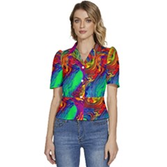 Waves Of Colorful Abstract Liquid Art Puffed Short Sleeve Button Up Jacket