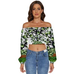 Watermelon Tree Abstraction On Watermelon Abundance Long Sleeve Crinkled Weave Crop Top