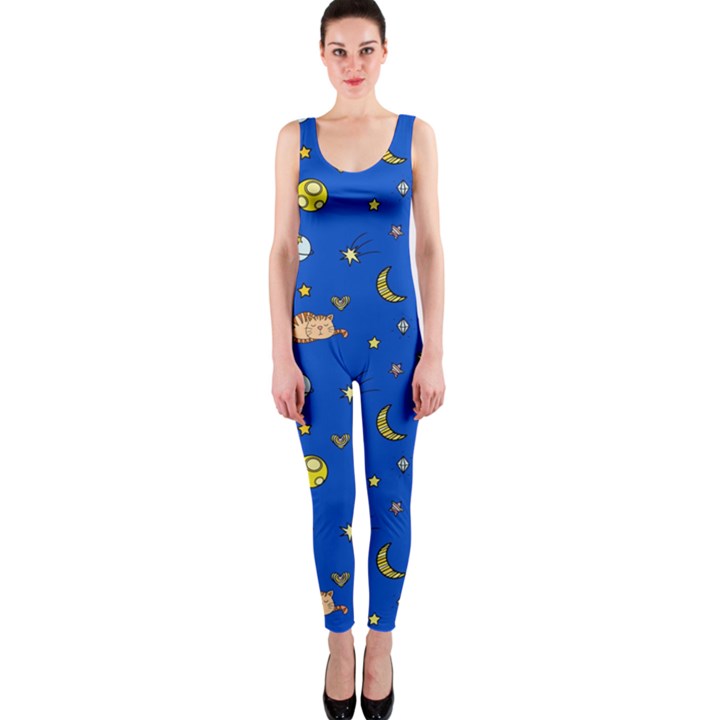 Cat Animals Sleep Stars Seamless Background One Piece Catsuit