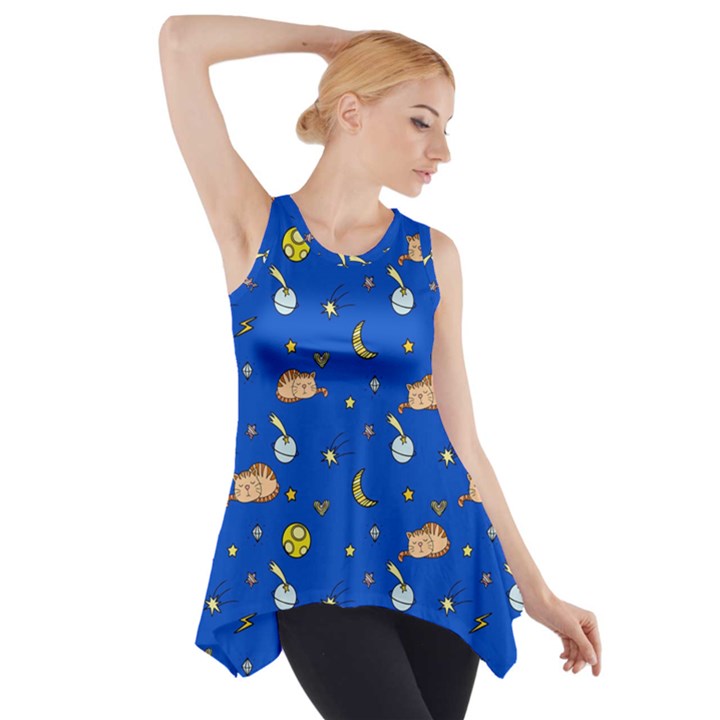 Cat Animals Sleep Stars Seamless Background Side Drop Tank Tunic