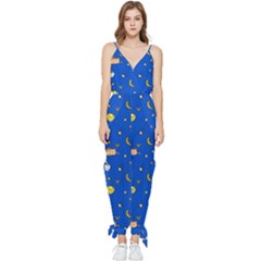 Cat Animals Sleep Stars Seamless Background Sleeveless Tie Ankle Chiffon Jumpsuit