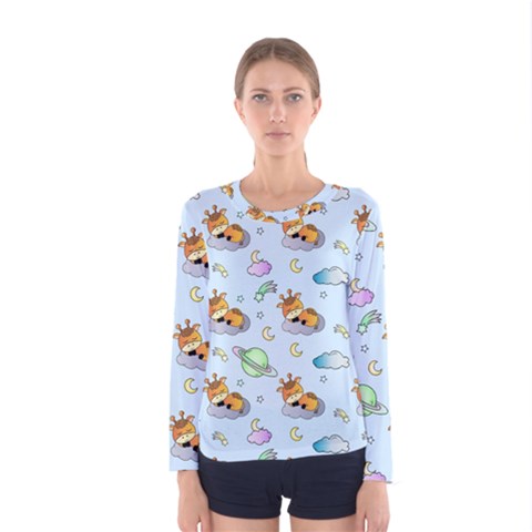 Pattern Giraffe Animal Seamless Scrapbooking Blue Women s Long Sleeve Tee by Wegoenart