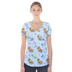 Pattern Giraffe Animal Seamless Scrapbooking Blue Short Sleeve Front Detail Top by Wegoenart