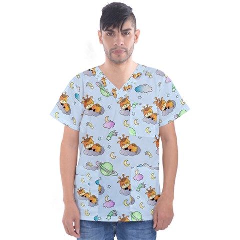 Pattern Giraffe Animal Seamless Scrapbooking Blue Men s V-neck Scrub Top by Wegoenart