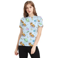 Pattern Giraffe Animal Seamless Scrapbooking Blue Women s Short Sleeve Rash Guard