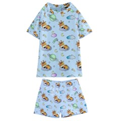 Pattern Giraffe Animal Seamless Scrapbooking Blue Kids  Swim Tee And Shorts Set by Wegoenart