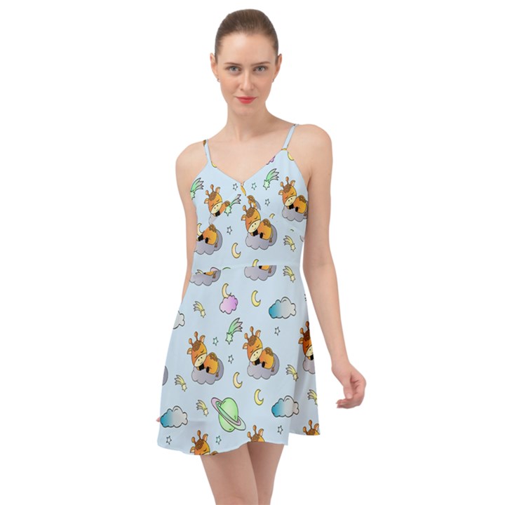 Pattern Giraffe Animal Seamless Scrapbooking Blue Summer Time Chiffon Dress