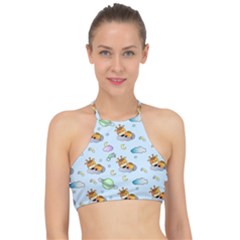 Pattern Giraffe Animal Seamless Scrapbooking Blue Racer Front Bikini Top by Wegoenart