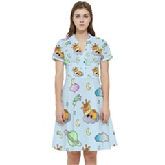 Pattern Giraffe Animal Seamless Scrapbooking Blue Short Sleeve Waist Detail Dress by Wegoenart