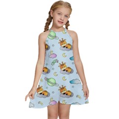 Pattern Giraffe Animal Seamless Scrapbooking Blue Kids  Halter Collar Waist Tie Chiffon Dress