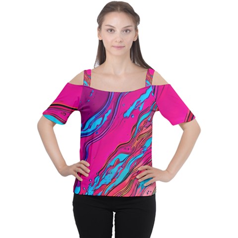 Colorful Abstract Fluid Art Cutout Shoulder Tee by GardenOfOphir