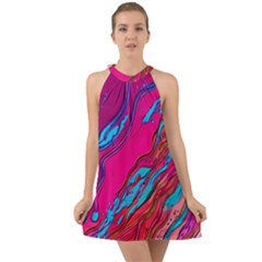 Colorful Abstract Fluid Art Halter Tie Back Chiffon Dress by GardenOfOphir