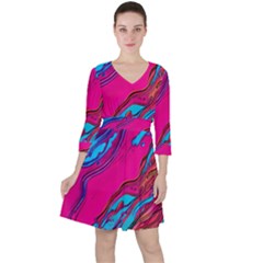 Colorful Abstract Fluid Art Quarter Sleeve Ruffle Waist Dress by GardenOfOphir