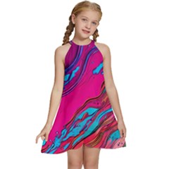 Colorful Abstract Fluid Art Kids  Halter Collar Waist Tie Chiffon Dress by GardenOfOphir