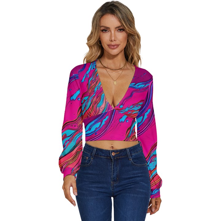 Colorful Abstract Fluid Art Long Sleeve Deep-V Velour Top