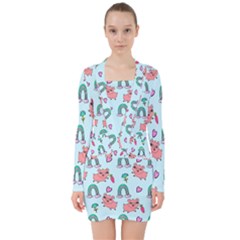 Pigs Pattern Art Design Drawing Sketch Wallpaper V-neck Bodycon Long Sleeve Dress by Wegoenart