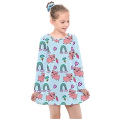 Pigs Pattern Art Design Drawing Sketch Wallpaper Kids  Long Sleeve Dress by Wegoenart