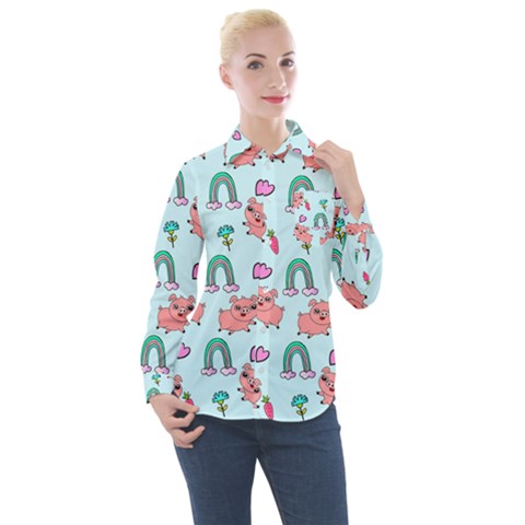 Pigs Pattern Art Design Drawing Sketch Wallpaper Women s Long Sleeve Pocket Shirt by Wegoenart