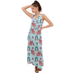 Pigs Pattern Art Design Drawing Sketch Wallpaper V-neck Chiffon Maxi Dress by Wegoenart