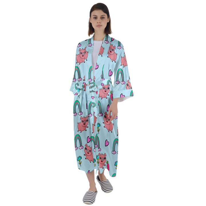 Pigs Pattern Art Design Drawing Sketch Wallpaper Maxi Satin Kimono