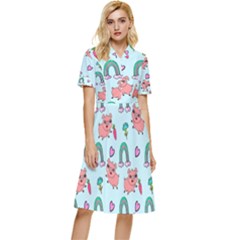 Pigs Pattern Art Design Drawing Sketch Wallpaper Button Top Knee Length Dress