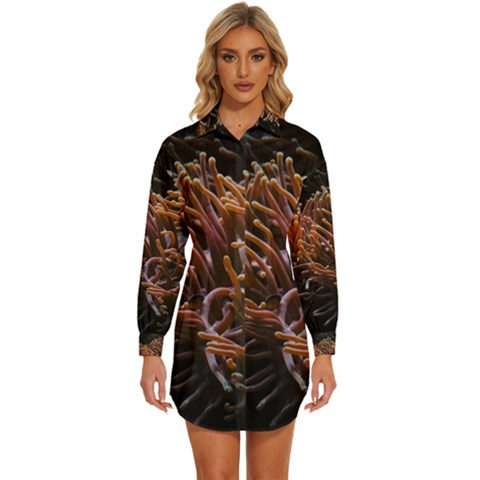 Sea Anemone Coral Underwater Ocean Sea Water Womens Long Sleeve Shirt Dress by Wegoenart