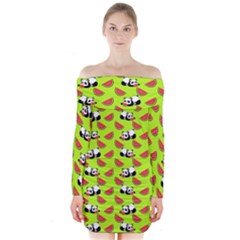 Watermelon Panda Background Wallpaper Long Sleeve Off Shoulder Dress by Wegoenart