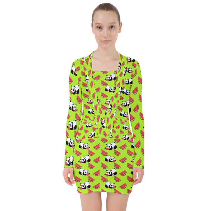 Watermelon Panda Background Wallpaper V-neck Bodycon Long Sleeve Dress