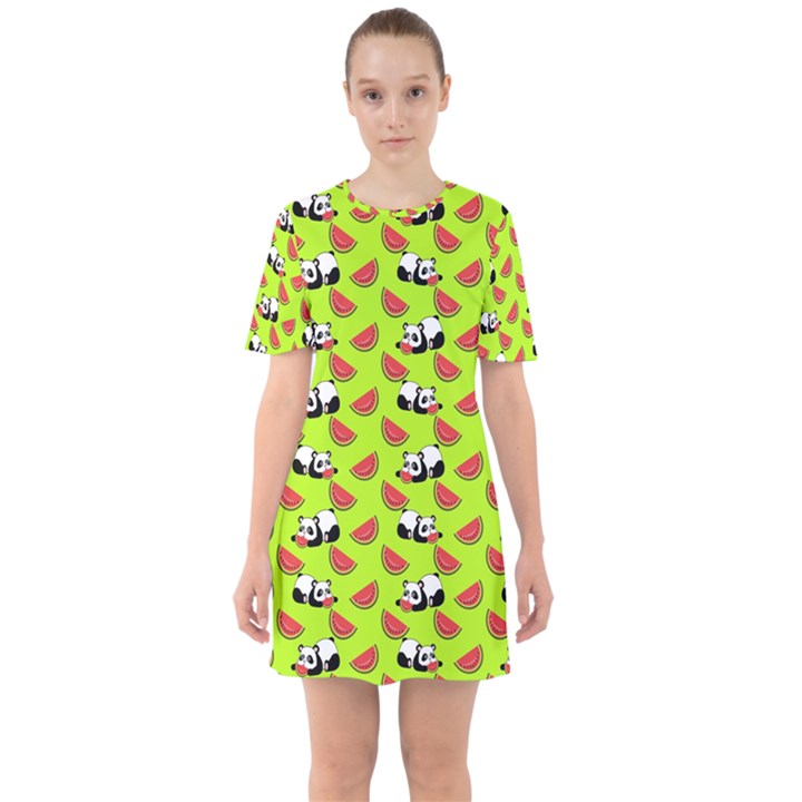 Watermelon Panda Background Wallpaper Sixties Short Sleeve Mini Dress