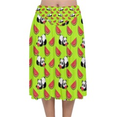 Watermelon Panda Background Wallpaper Velvet Flared Midi Skirt by Wegoenart