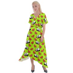 Watermelon Panda Background Wallpaper Cross Front Sharkbite Hem Maxi Dress by Wegoenart